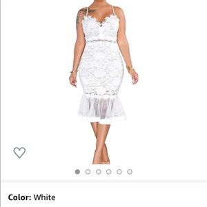 White lace midi strapless dress.